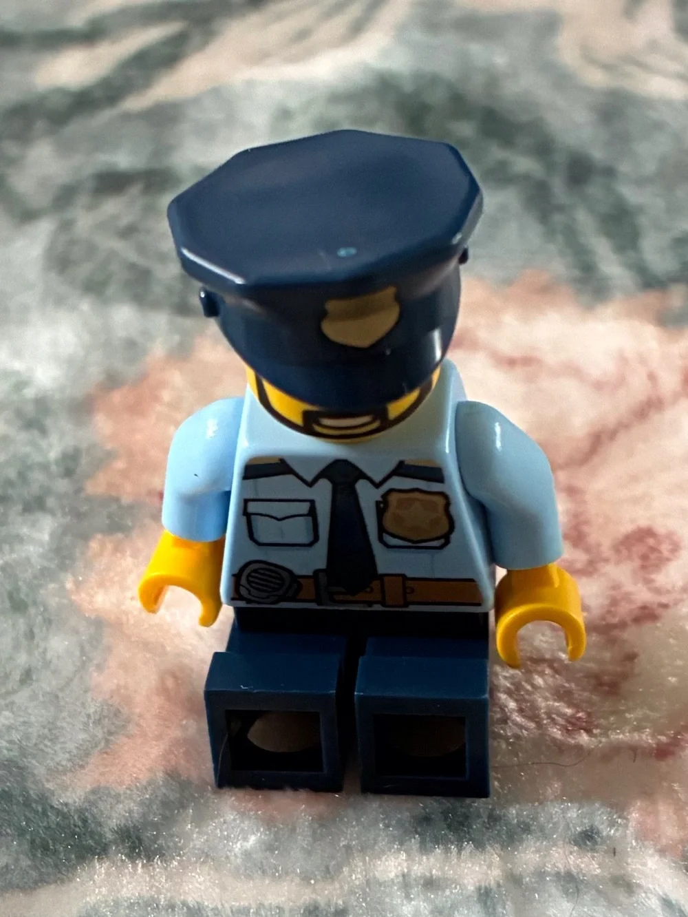 Lego Police Minifigure - Light Blue Torso, Dark Blue Hat & Pants, Yellow Head